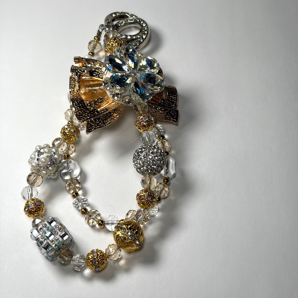 Beaded Bag Charm Gold Crystal Bow Rhinestone Drip Y2K Coquette Luxe Kawaii Spark - Picture 7 of 12